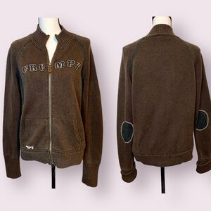 Disneyland Resort Grumpy Zip Up Cardigan Grandpa Sweater Elbow Patches Brown XL